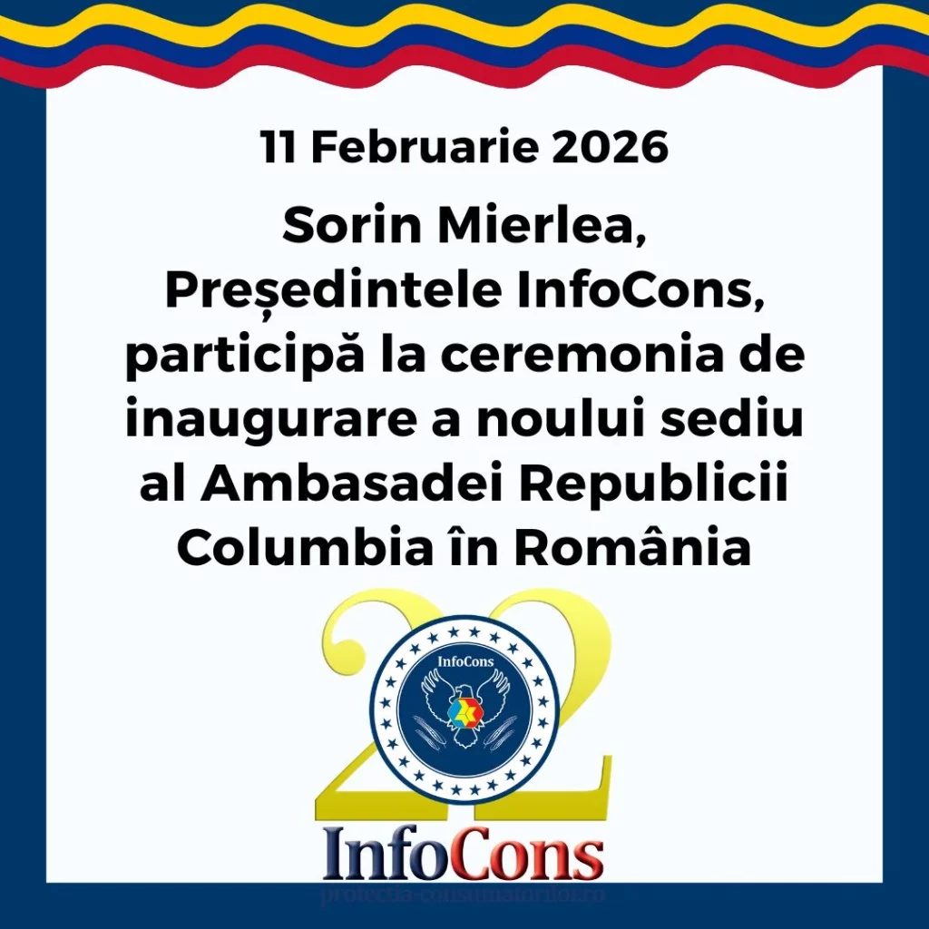 Sorin Mierlea , Președintele InfoCons , participă la ceremonia de inaugurare a noului sediu al Ambasadei Republicii Columbia în România. Evenimentul are loc astăzi, 11 februarie, la sediul Ambasadei Republicii Columbia în România.